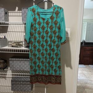 Pakistani Indian formal Elegant Teal and Gold Embroidered three piece suit